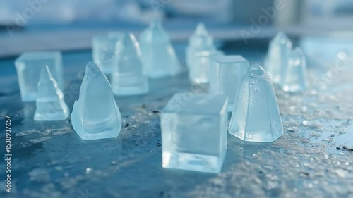 Ice Figures Displayed on Reflective Surface Miniature Winter Scene