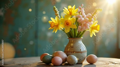 Flowers in Vase with Easter Eggs on Wooden Table in Sunlight