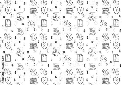  
Loan  seamless pattern design. Containing mortgage, borrow, interest, debtor, credit score, lender, installment, rate, lending and more. perfect flat icon collection.

