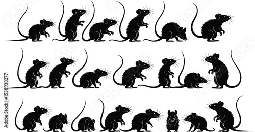 Silhouettes of rats in various poses arranged in three rows on white