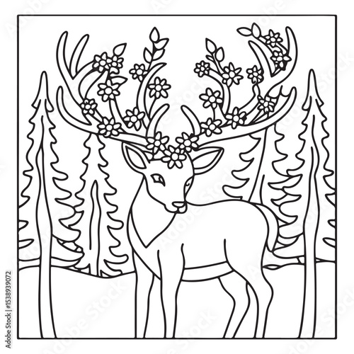 Secret Forest – Bold and Easy Coloring Pages for All Ages | Magical Nature Scenes to Color | Line art vector illustration | Forest Coloring Page | animal coloring page | Print
