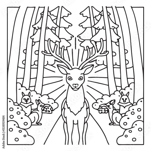 Secret Forest – Bold and Easy Coloring Pages for All Ages | Magical Nature Scenes to Color | Line art vector illustration | Forest Coloring Page | animal coloring page | Print
