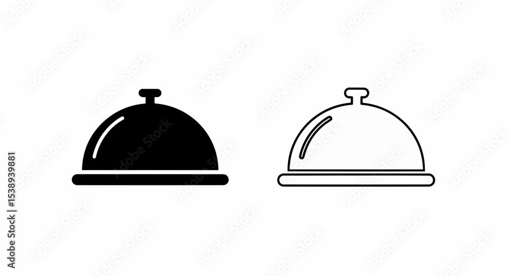 This high-quality image features two minimalist cloche icons: a solid black silhouette and a black outline, both with a domed lid, circular handle, and oval base, suitable for vector use. This high-quality image features two minimalist cloche icons: a solid black silhouette and a black outline, both with a domed lid, circular handle, and oval base, suitable for vector use.