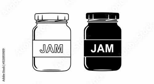 This high-quality image features two minimalist jam jar icons: a black outline and a solid black silhouette, both with a "JAM" label, fine details, and suitable for vector use.