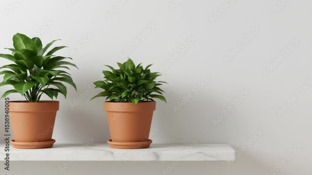 Potted plants arrangement on white shelf Potted plants arrangement on white shelf