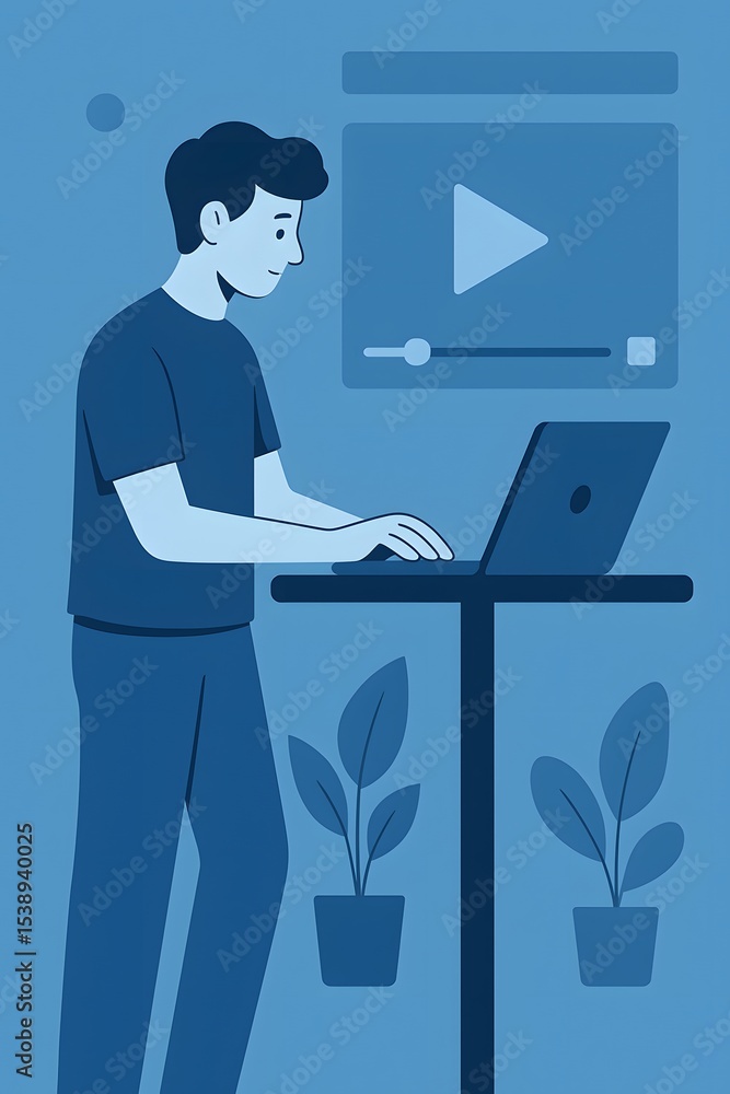 Monochromatic Illustration of a Person Working on a Laptop at a Standing Desk Monochromatic Illustration of a Person Working on a Laptop at a Standing Desk