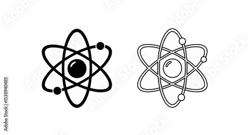 This high-quality vector image features two minimalist atom icons: a solid black nucleus and an outlined nucleus, both with four elliptical orbits, fine details, and no shadows.