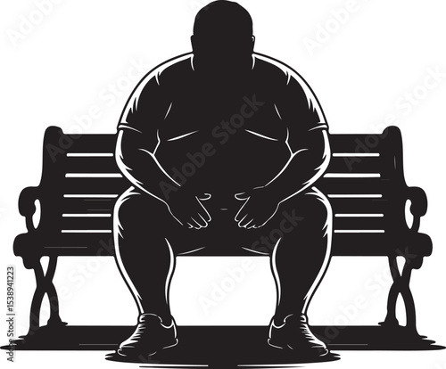 Silhouette of an Overweight Man Sitting on a Bench with Sad Expression