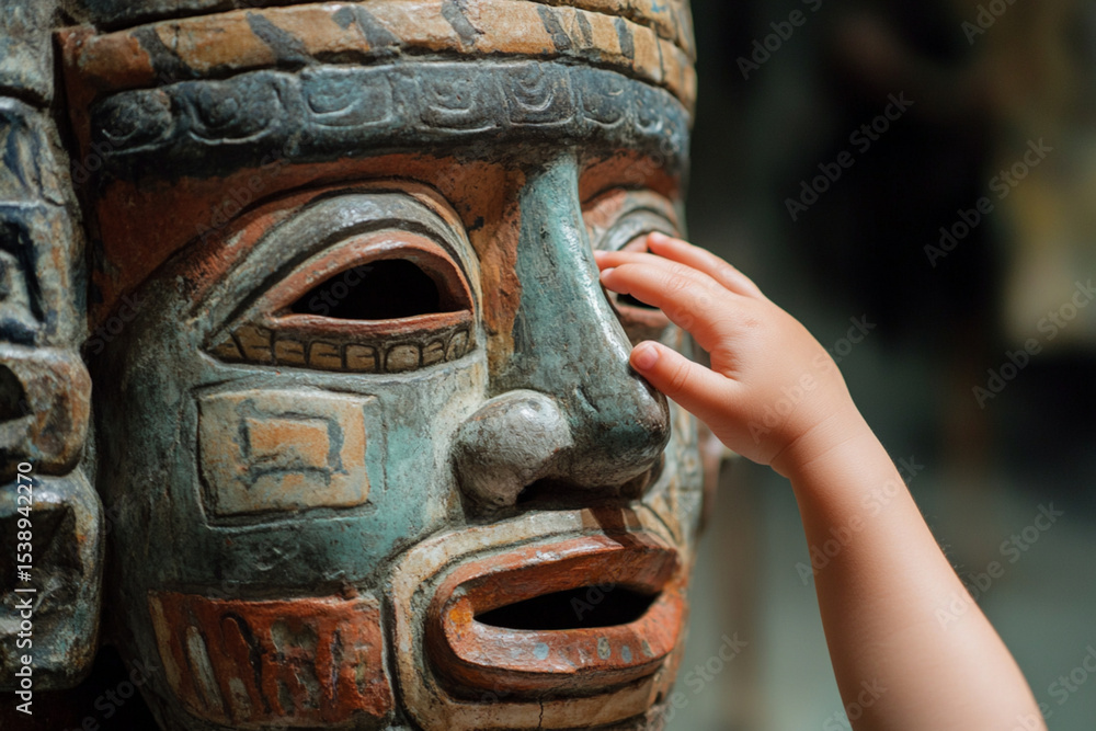 Child explores ancient sculpture in museum with curious touch on the art piece Child explores ancient sculpture in museum with curious touch on the art piece