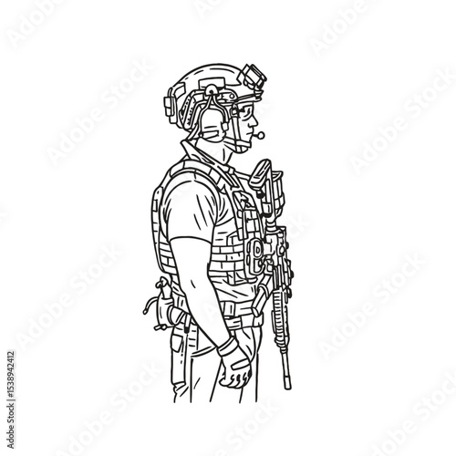 vector line art illustration of tactical army with armor and gun in side view