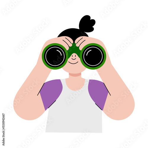 A flat style illustration showing a kid looking with binoculars
