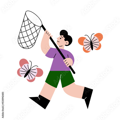 A flat style illustration showing a kid catching butterflies