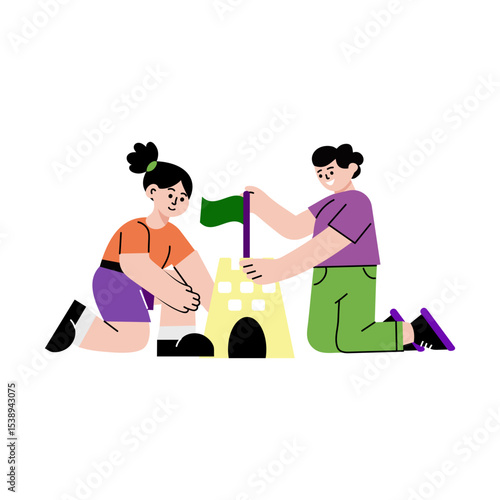 A flat style illustration showing sand castle