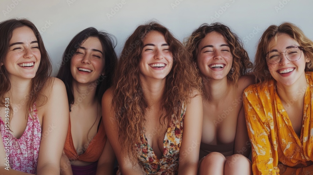 Obraz premium A diverse group of five women in business attire sit in a well-lit, minimalist room.