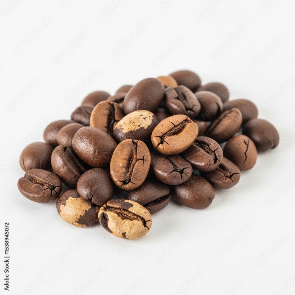 Naklejka premium Closeup of a pile of roasted coffee beans isolated on a white background