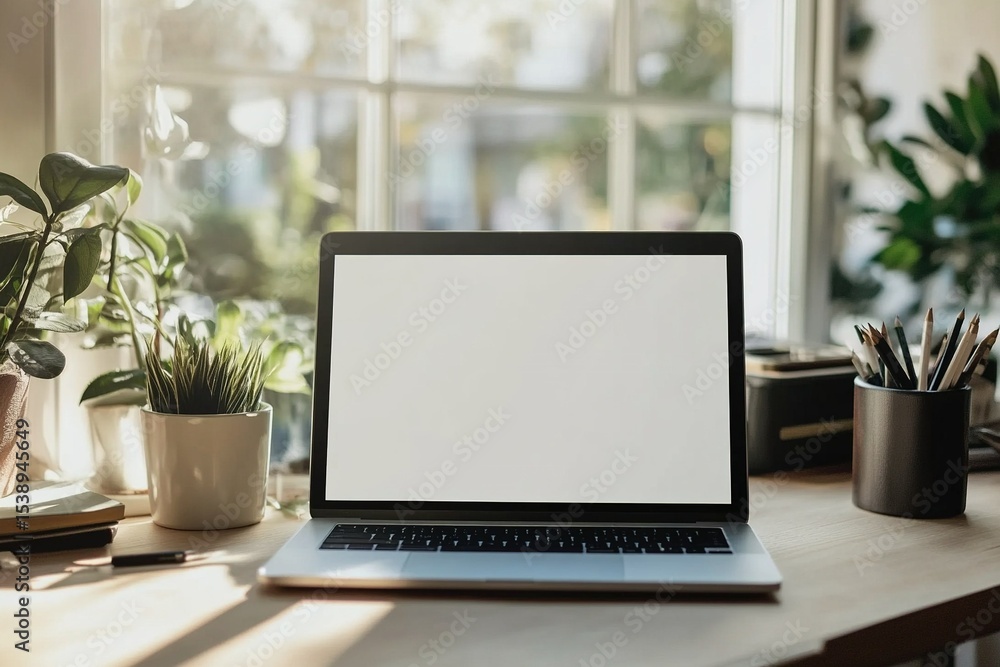 Fototapeta premium Isolated laptop mockup without background with blank screen. Stock royalty free illustration.