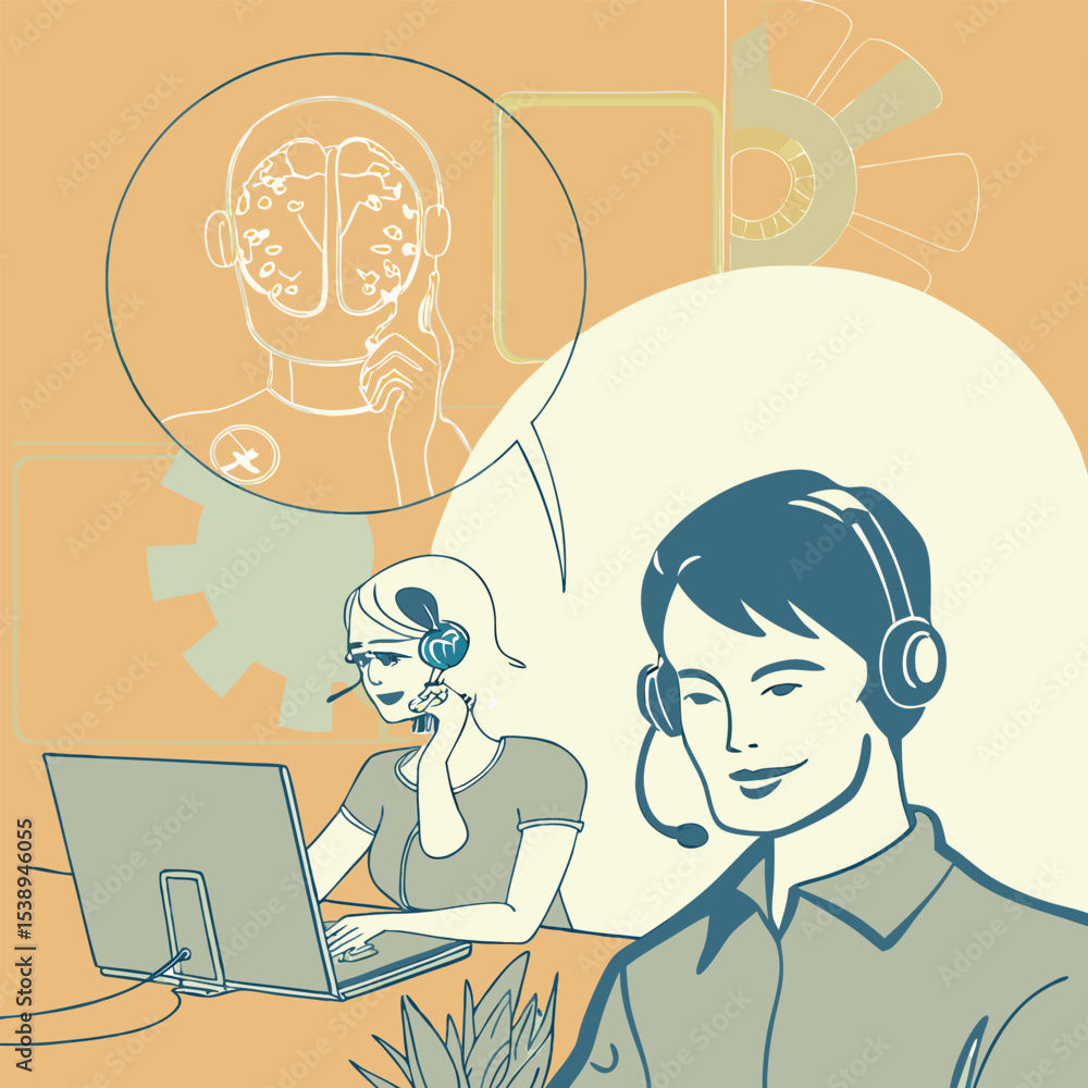 Customer support agents with headsets and modern technology vector concept Customer support agents with headsets and modern technology vector concept