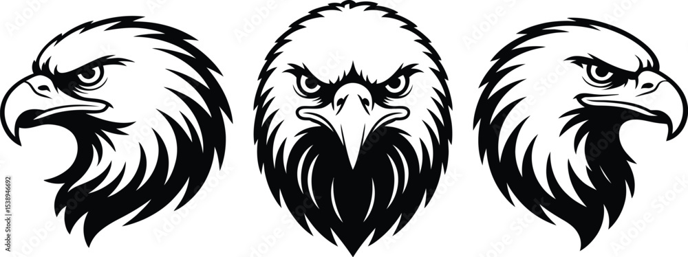 Fototapeta premium Three eagle head illustrations in black and white vector format