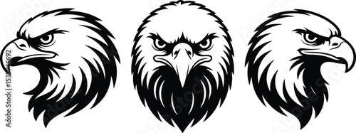 Three eagle head illustrations in black and white vector format