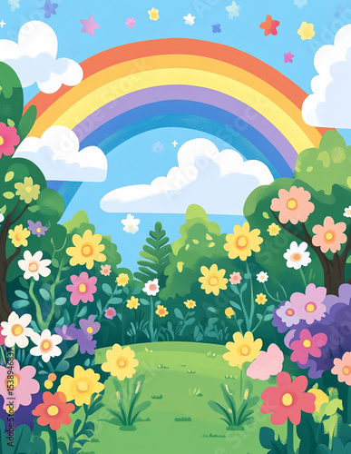 Colorful summer meadow with flowers, green grass, and a rainbow under a blue sky, illustrating a vibrant natural landscape