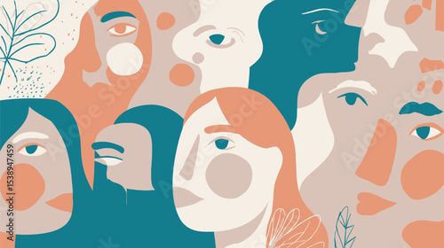 Diverse faces assemble abstractly creating unity design art