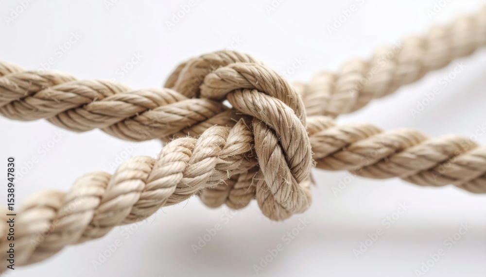 Close-up of knotted rope representing strength, unity, teamwork or nautical themes in visual storytelling Close-up of knotted rope representing strength, unity, teamwork or nautical themes in visual storytelling