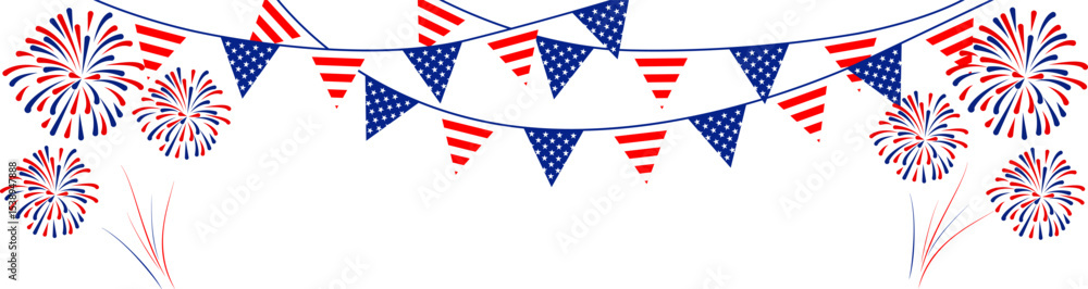 Fototapeta premium 4th july Independence Day fireworks frame .Red, blue fireworks for 4th of July . Fourth of July background . United States of America celebration firecrackers border . USA exploding fireworks .