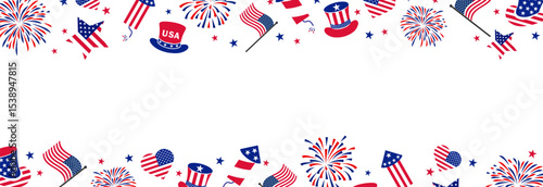 4th july Independence Day fireworks frame .Red, blue fireworks for 4th of July . Fourth of July background . United States of America celebration firecrackers border . USA exploding fireworks .