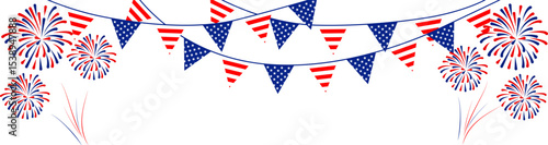 4th july Independence Day fireworks frame .Red, blue fireworks for 4th of July . Fourth of July background . United States of America celebration firecrackers border . USA exploding fireworks .