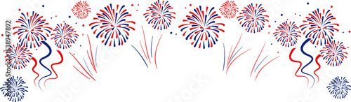  4th july Independence Day fireworks frame .Red, blue fireworks for 4th of July . Fourth of July background . United States of America celebration firecrackers border . USA exploding fireworks .