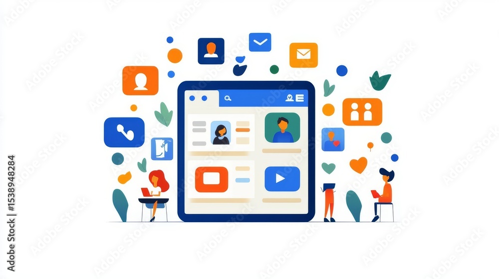 A colorful illustration of digital communication, featuring icons and users interacting on various devices. A colorful illustration of digital communication, featuring icons and users interacting on various devices.