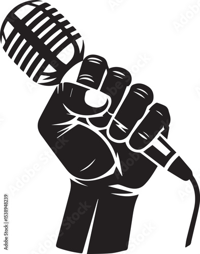 A powerful black fist holding a vintage microphone depicting vocal expression and music production illustration