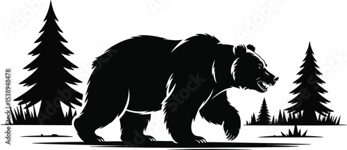Illustration of a black bear walking through a forest of pine trees