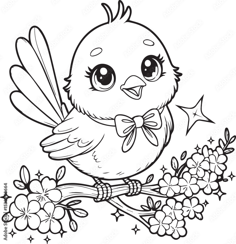 Adorable outlined cartoon baby bird with a bow tie perched on a flowering branch suitable for coloring projects and design elements Adorable outlined cartoon baby bird with a bow tie perched on a flowering branch suitable for coloring projects and design elements