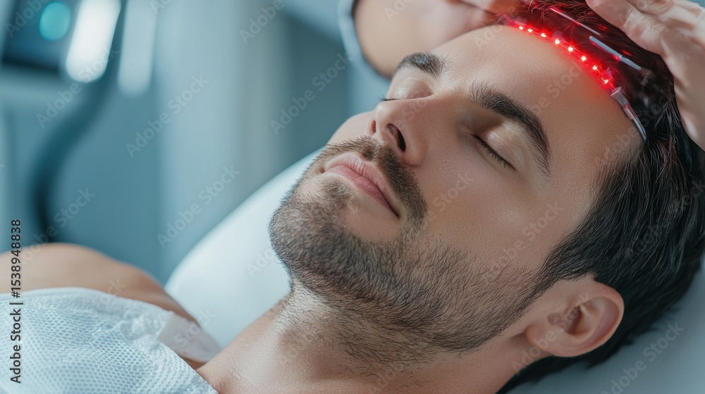 Fototapeta premium A patient lying on a medical table while receiving low-level laser therapy LLLT treatment, a non-invasive medical procedure using low-intensity light to promote healing and pain relief.