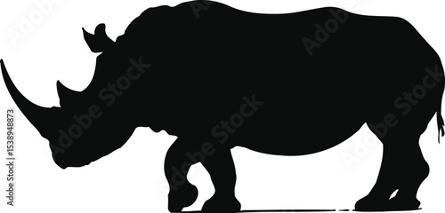 Silhouette of a rhinoceros standing on a white surface in monochrome