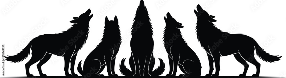 Obraz premium Silhouette of five wolves howling at the moon on a white background