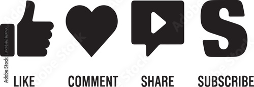 Social media interaction icons representing like comment share and subscribe for digital engagement