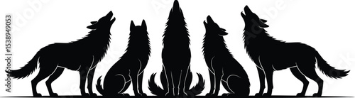 Silhouette of five wolves howling at the moon on a white background