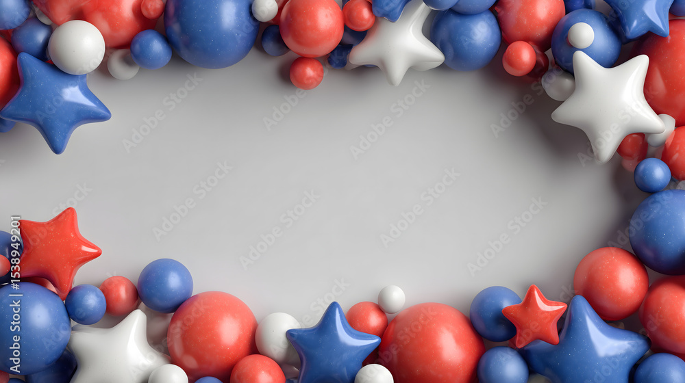 Obraz premium 4th of July banner: Red blue white star balloons on white background. Top view flat lay with copy space. USA Independence Day celebration, patriotic party, national holiday.
