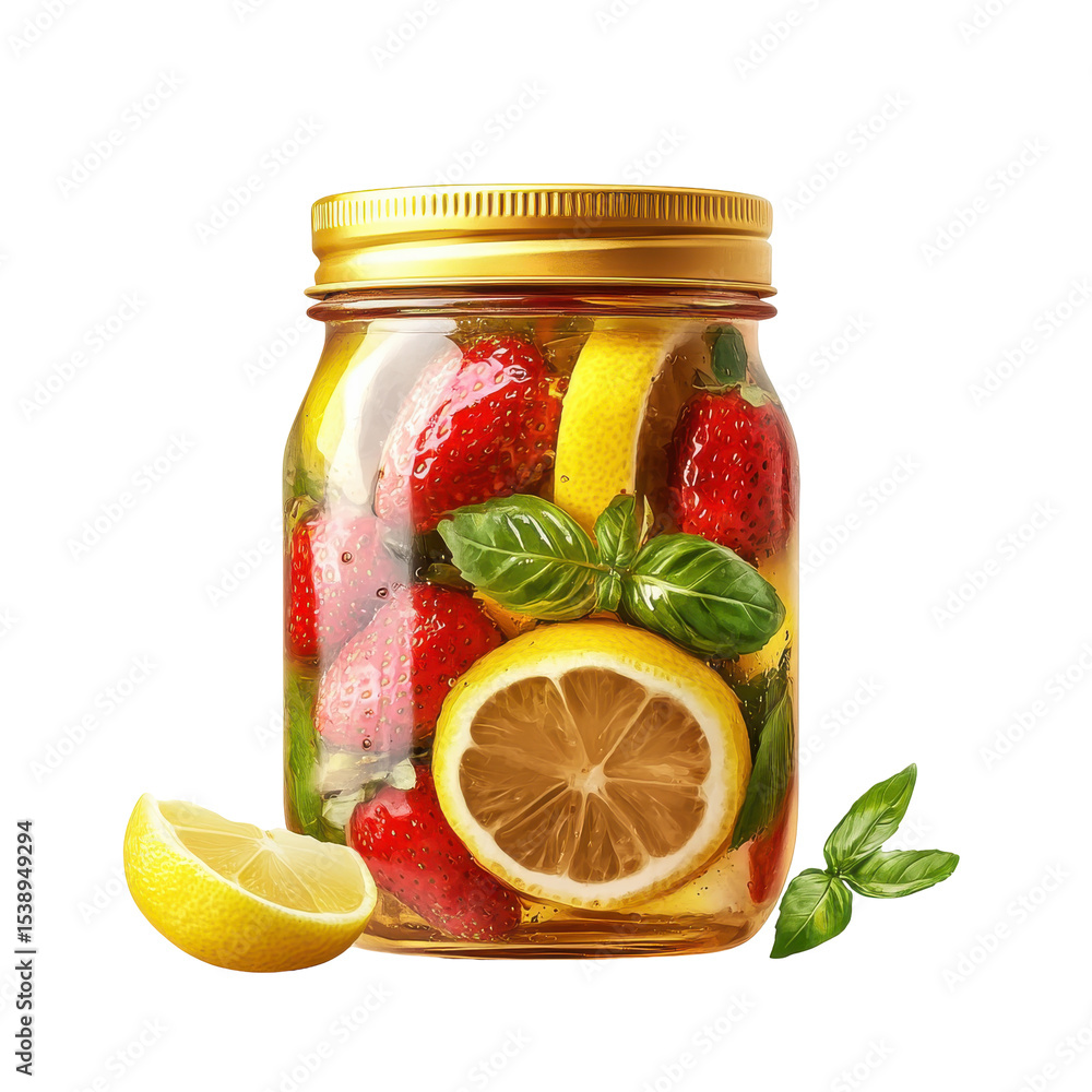 Refreshing Strawberry Lemonade Infusion in a Glass Jar with Fresh Basil and Lemon Slices on transparent background Refreshing Strawberry Lemonade Infusion in a Glass Jar with Fresh Basil and Lemon Slices on transparent background