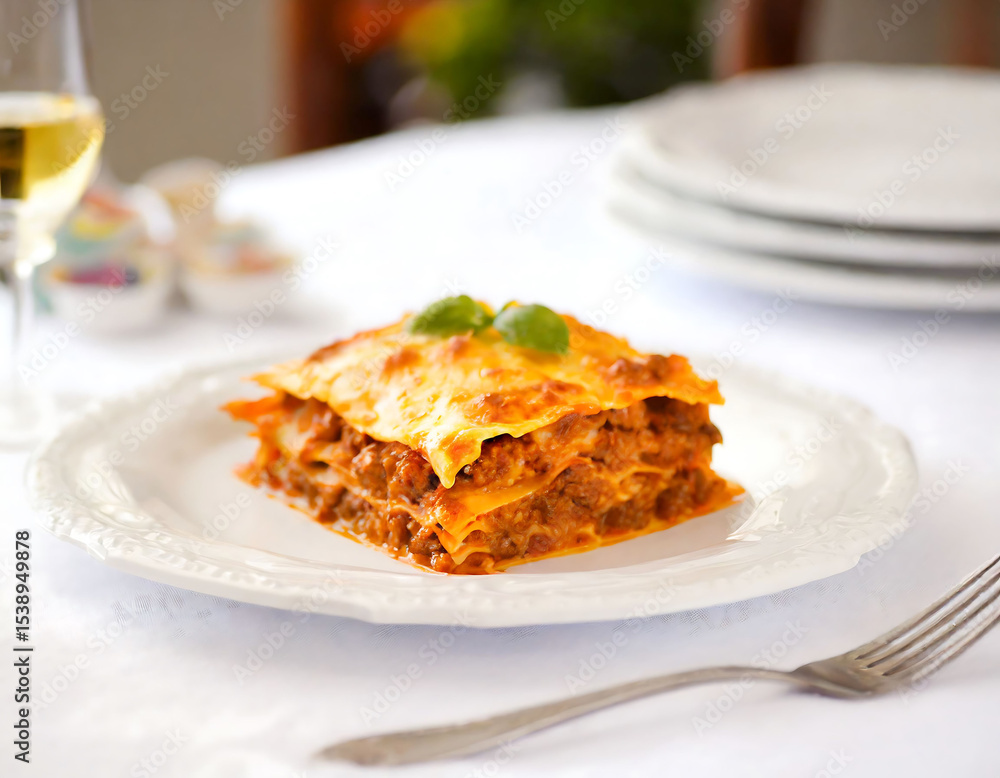 A portion of lasagna with visible layers of pasta, meat, and cheese, garnished with parsley, served on a white plate on an elegant table A portion of lasagna with visible layers of pasta, meat, and cheese, garnished with parsley, served on a white plate on an elegant table