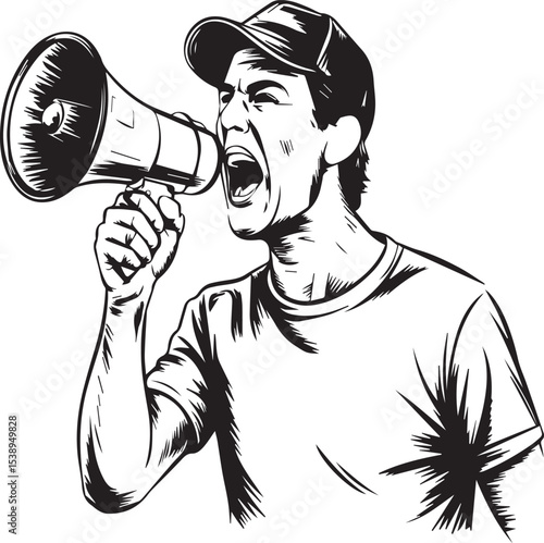 Illustration of a man shouting into a megaphone expressing protest advocacy and delivering a strong message