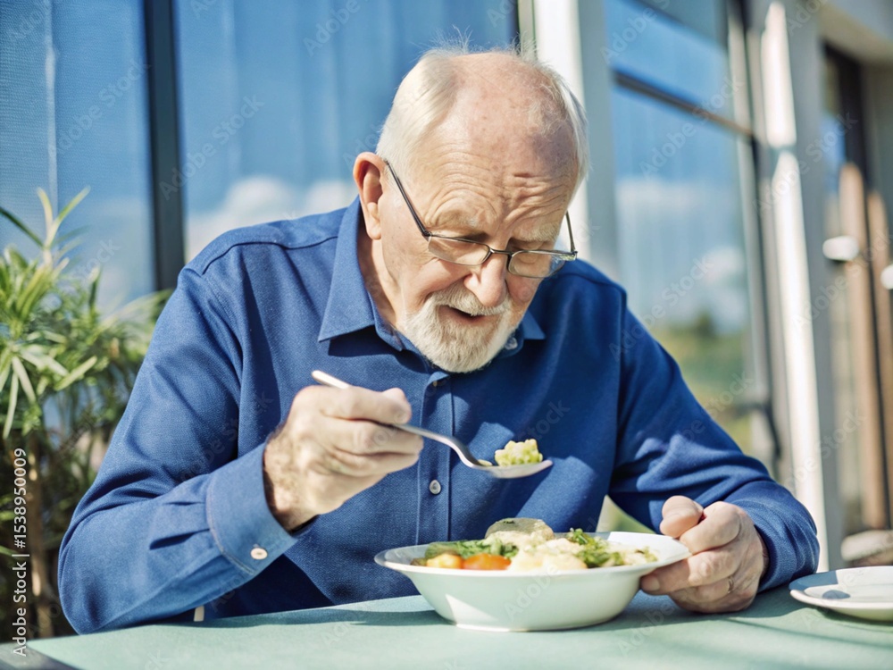 senior man eating salad in restaurant senior man eating salad in restaurant