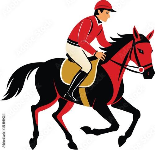 A running horse with a man isolated on transparent background, horse and jockey