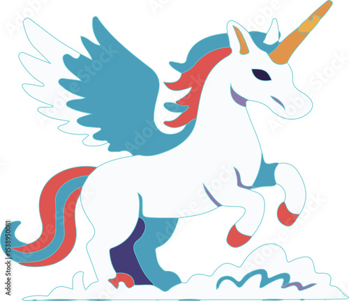 A majestic winged unicorn prancing gracefully with a colorful mane and tail emerging from wispy clouds on a white background.