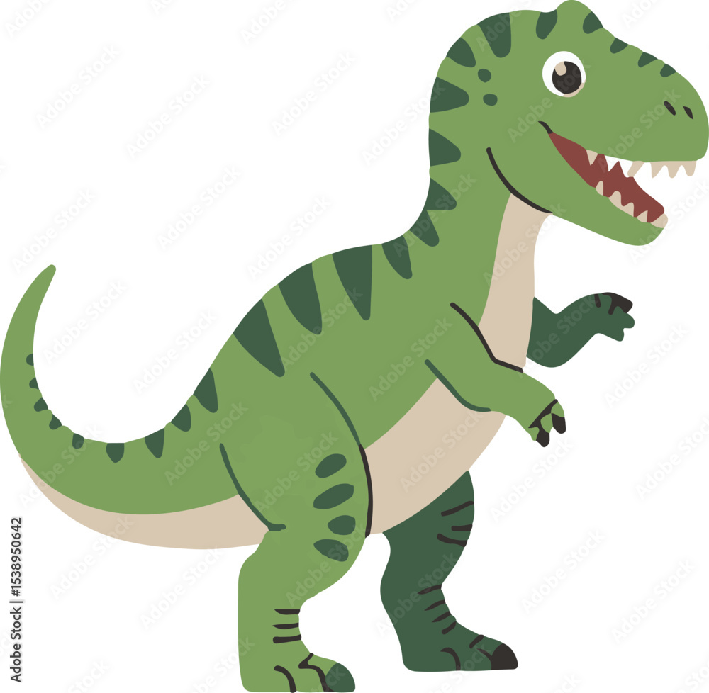 Fototapeta premium Cartoon depiction of a tyrannosaurus rex dinosaur featuring a friendly expression and a delightful green color design for use in children's illustrations