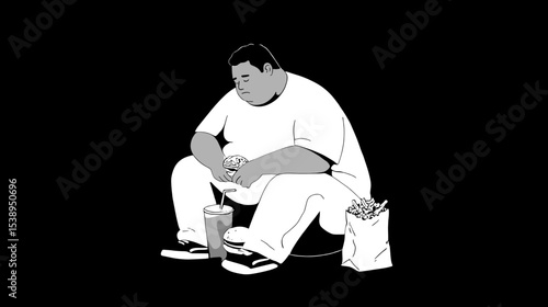 Sad man eating fast food on black background concept healthy lifestyle