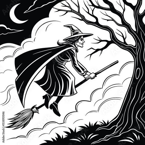 A Witch's Flight Under the Moonlight: A bewitching witch gracefully soars across a moonlit sky on her broom, conjuring mystery and magic in this mesmerizing illustration.