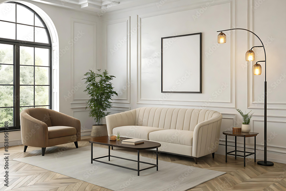 Fototapeta premium Elegant living room with beige sofa and arched floor lamp